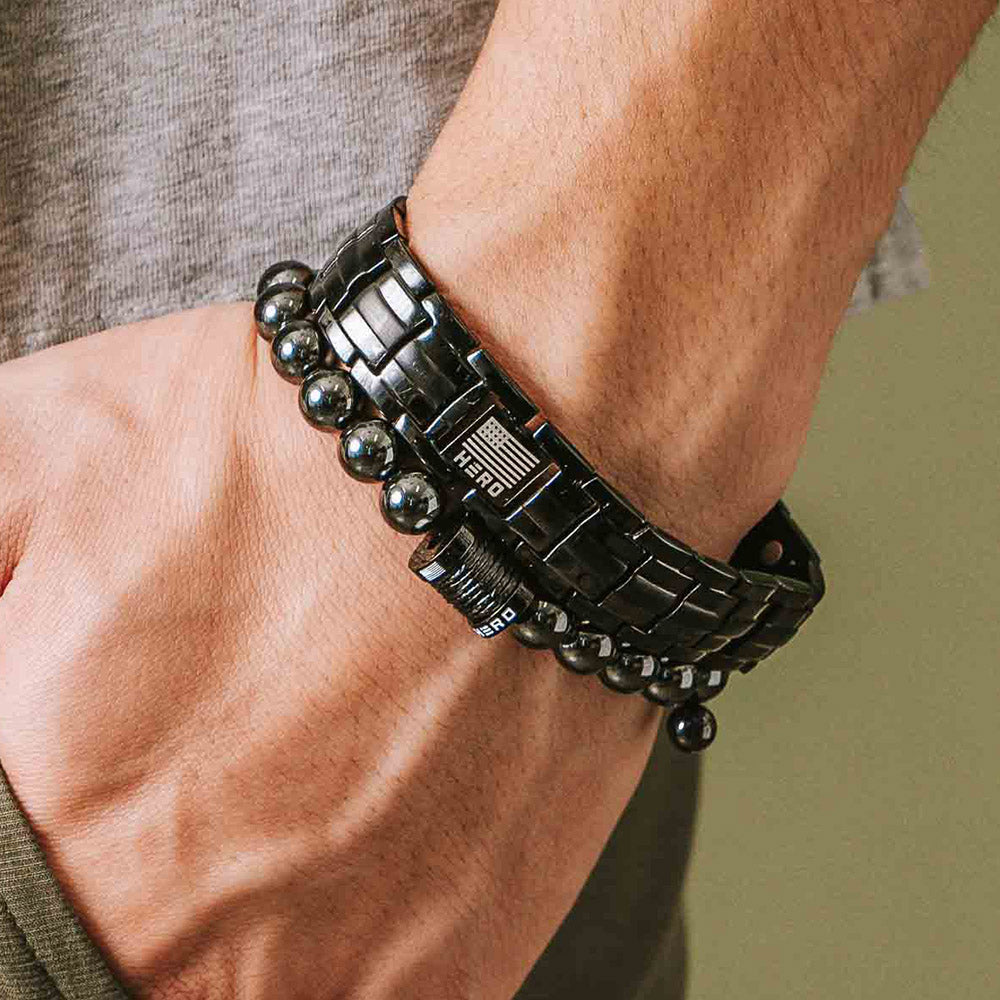 Titanium Stacked Bracelet includes -- Sherman Tank Titanium Track and Buck Magnetic Titanium Bracelets