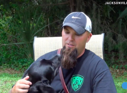 ARMY VETERAN HAS PANIC ATTACK DURING AN ON CAMERA INTERVIEW. HIS SERVICE DOG SPRINGS INTO ACTION .