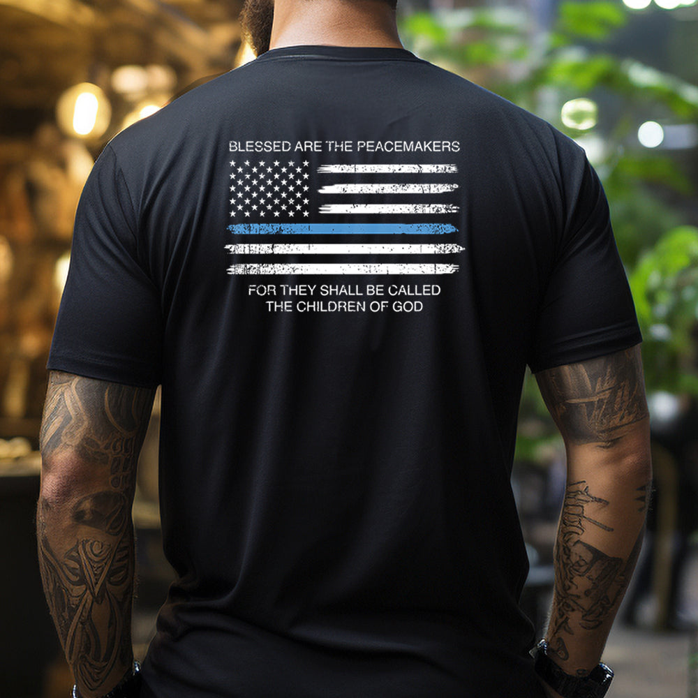 Hero Company Men's Thin Blue Line - Blessed Are The Peacemakers Black Tee - Helps Pair Veterans With A Service Dog or Shelter Dog