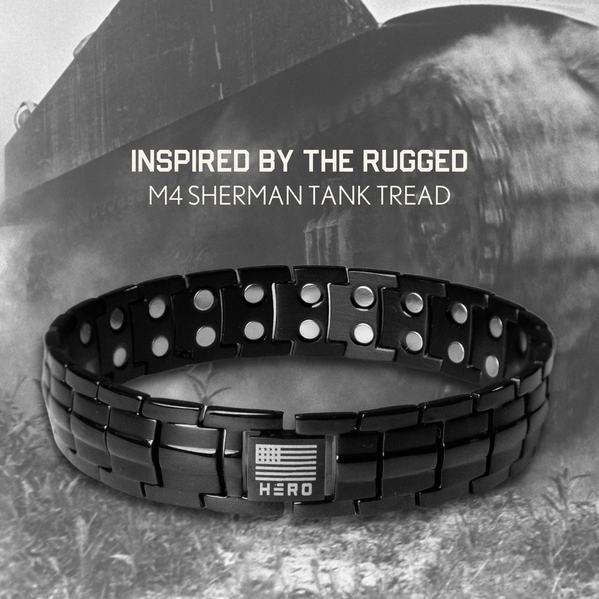 FREE Sherman Tank Track Titanium Magnetic Bracelet with Purchase of Hero Company American Flag Dogs & Freedom Black Tee