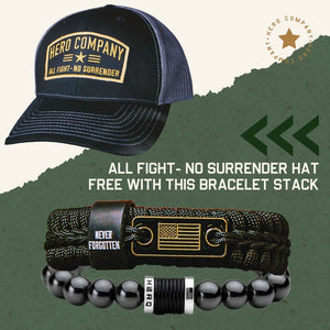 FREE All Fight - No Surrender Baseball Cap-  Leather Patch with Purchase of Stacked Set Never Forgotten Black Paracord Bracelet and 00 BUCK Magnetic Hematite Titanium Bracelet