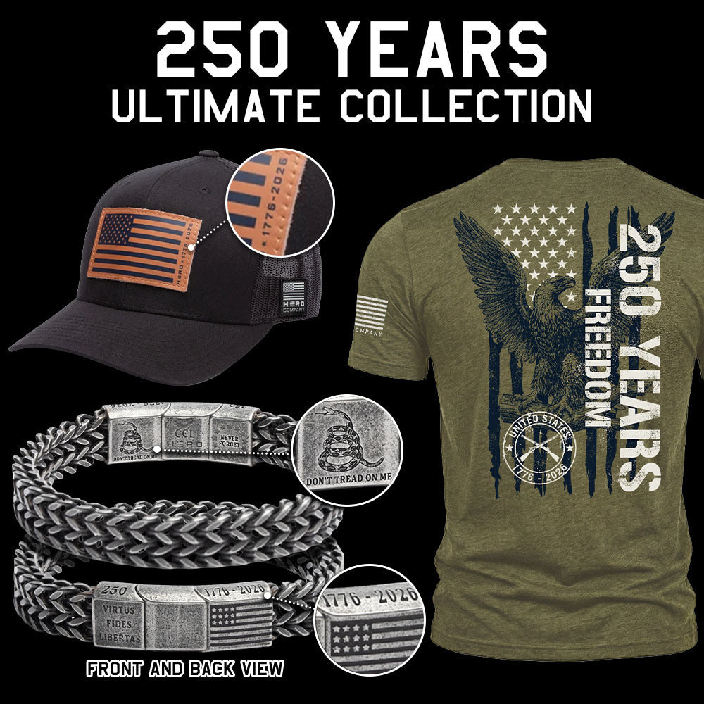 USA 250 Years Ultimate Collection - 250 Years Of FreedomTee, 250th Anniversary 1776-2026 Hat and 250th Don’t Tread On Me Bracelet