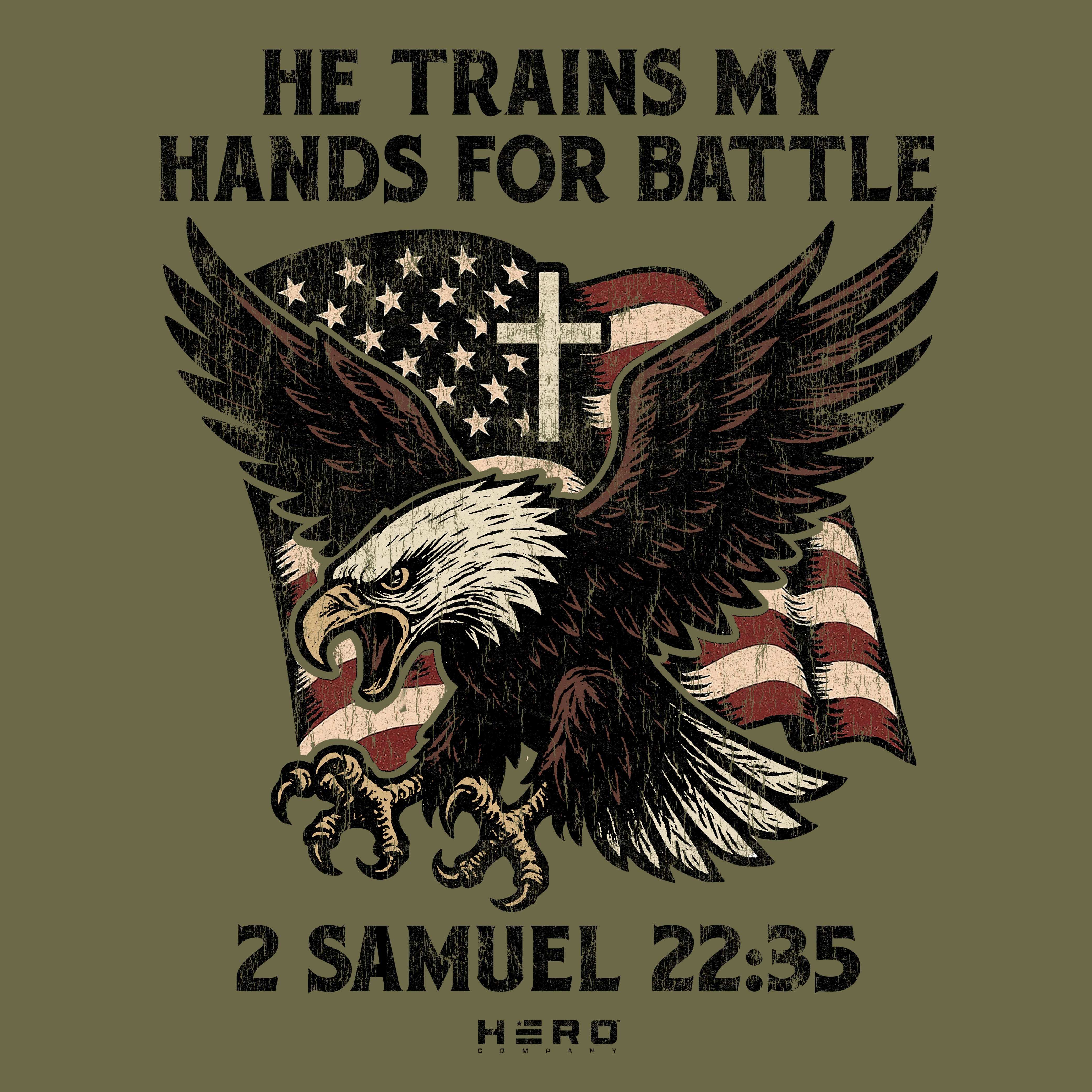 Hero Company Men's He Trains My Hands For Battle Military Green Tee - Helps Pair Veterans With A Service Dog or Shelter Dog
