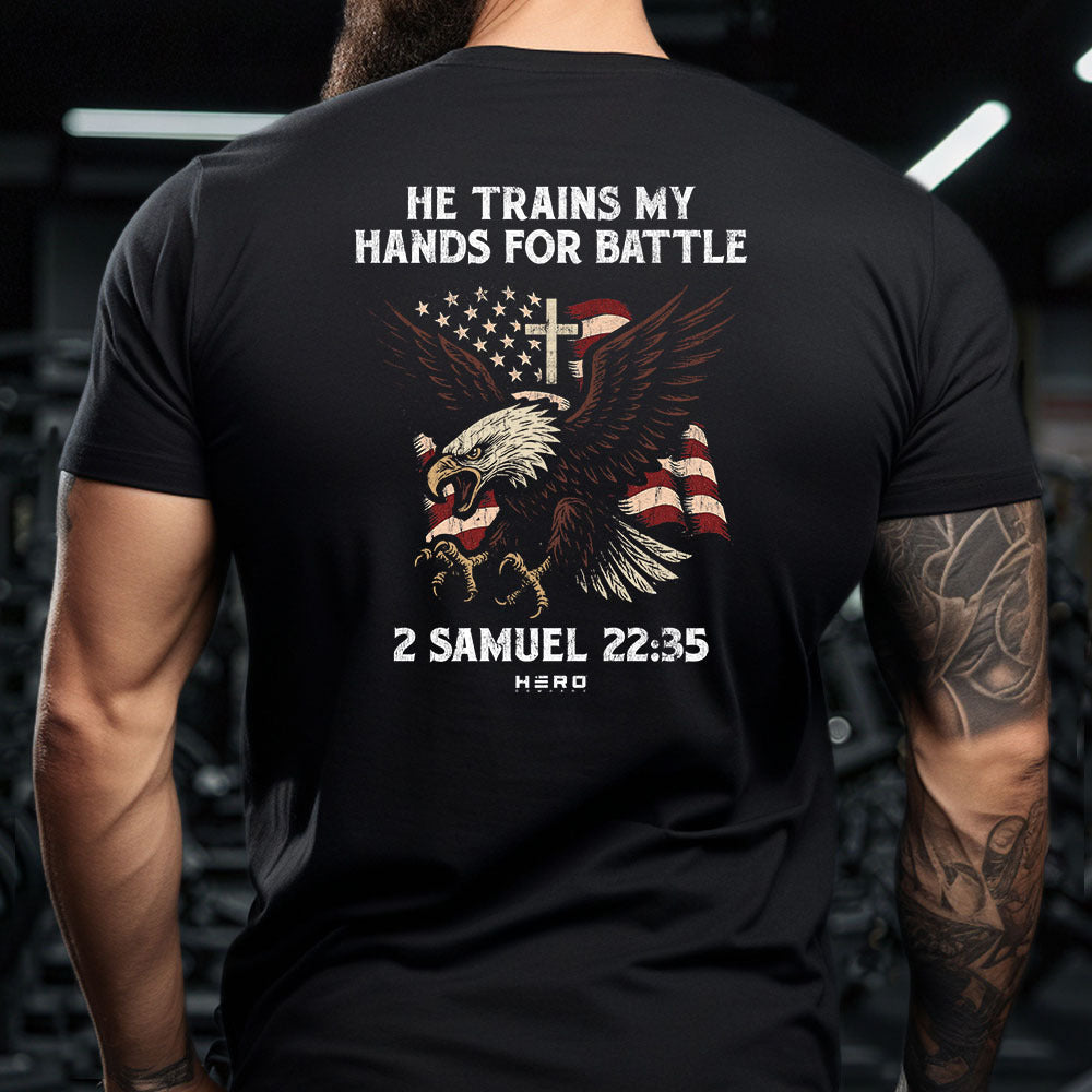 Hero Company Men's He Trains My Hands For Battle Black Tee - Helps Pair Veterans With A Service Dog or Shelter Dog