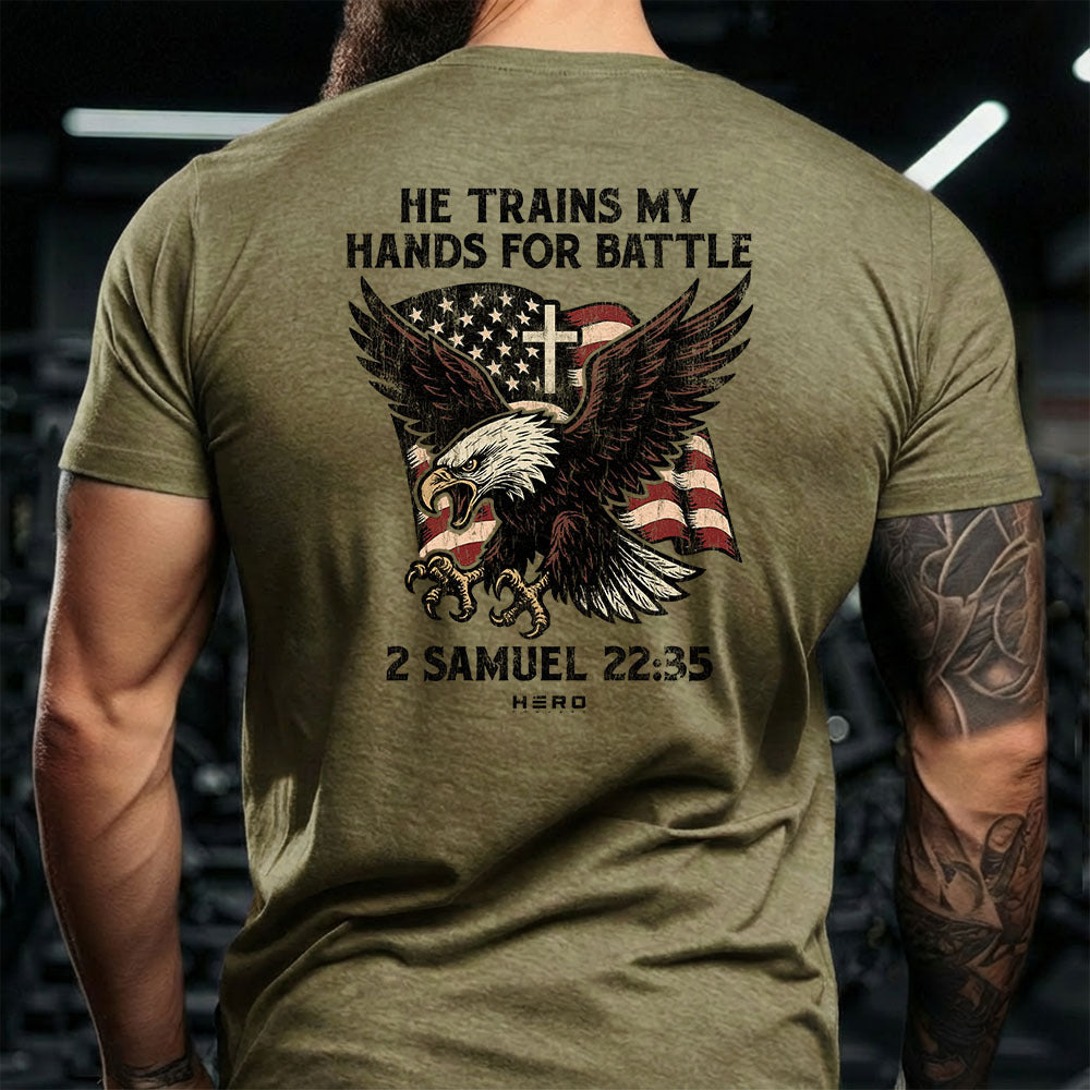 Hero Company Men's He Trains My Hands For Battle Military Green Tee - Helps Pair Veterans With A Service Dog or Shelter Dog