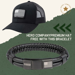 FREE The Hero Company American Flag Hat with Purchase of Valhalla Warrior Morse Code ‘Never Surrender’ Leather Bracelet