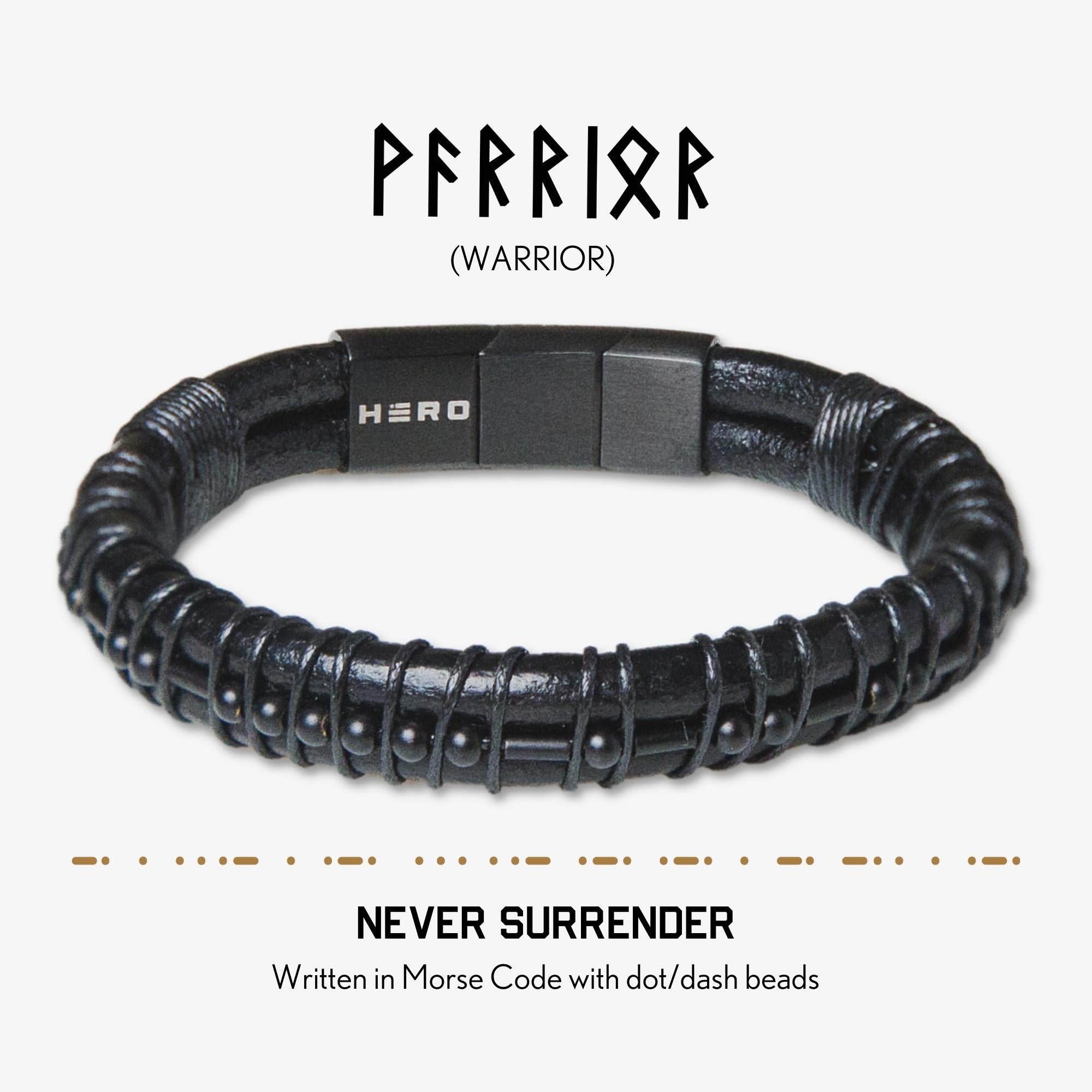 Valhalla Warrior Morse Code Never Surrender Leather Bracelet