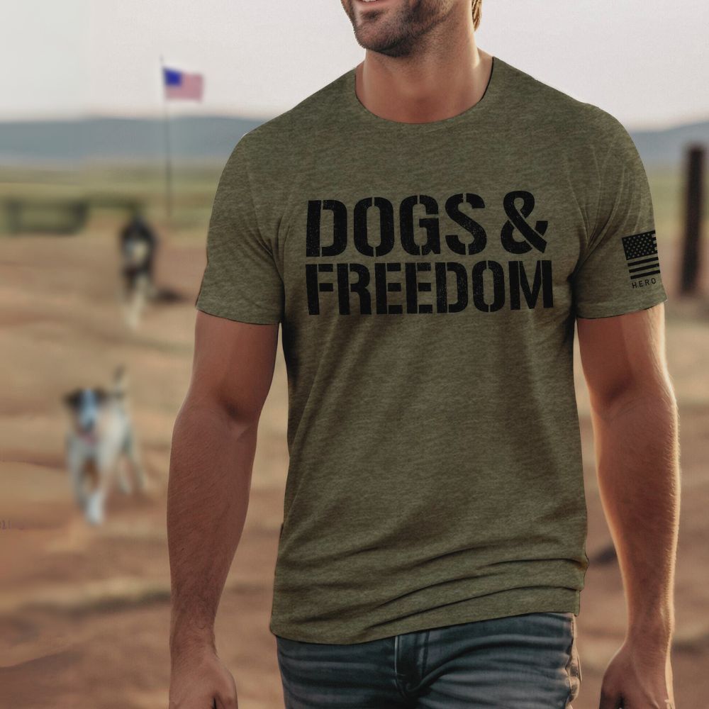 Hero Company Men's Dogs & Freedom Tee: Helps Pair Veterans With A Service Dog or Shelter Dog