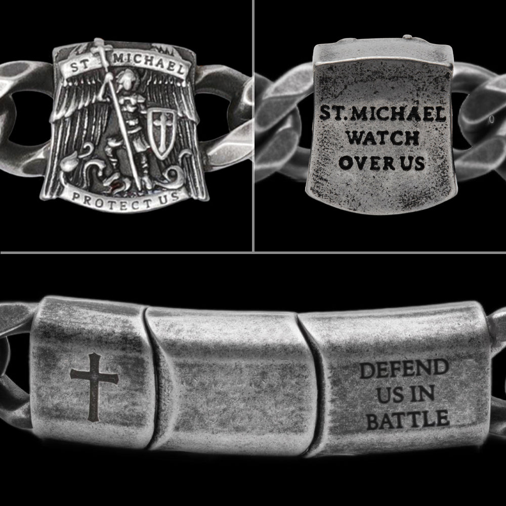 FREE St. Michael's 'Protect Us' Cuban Link Bracelet with Purchase of Saint Michael Defend Us In Battle Tee - Helps Pair Veterans With A Service Dog or Shelter Dog