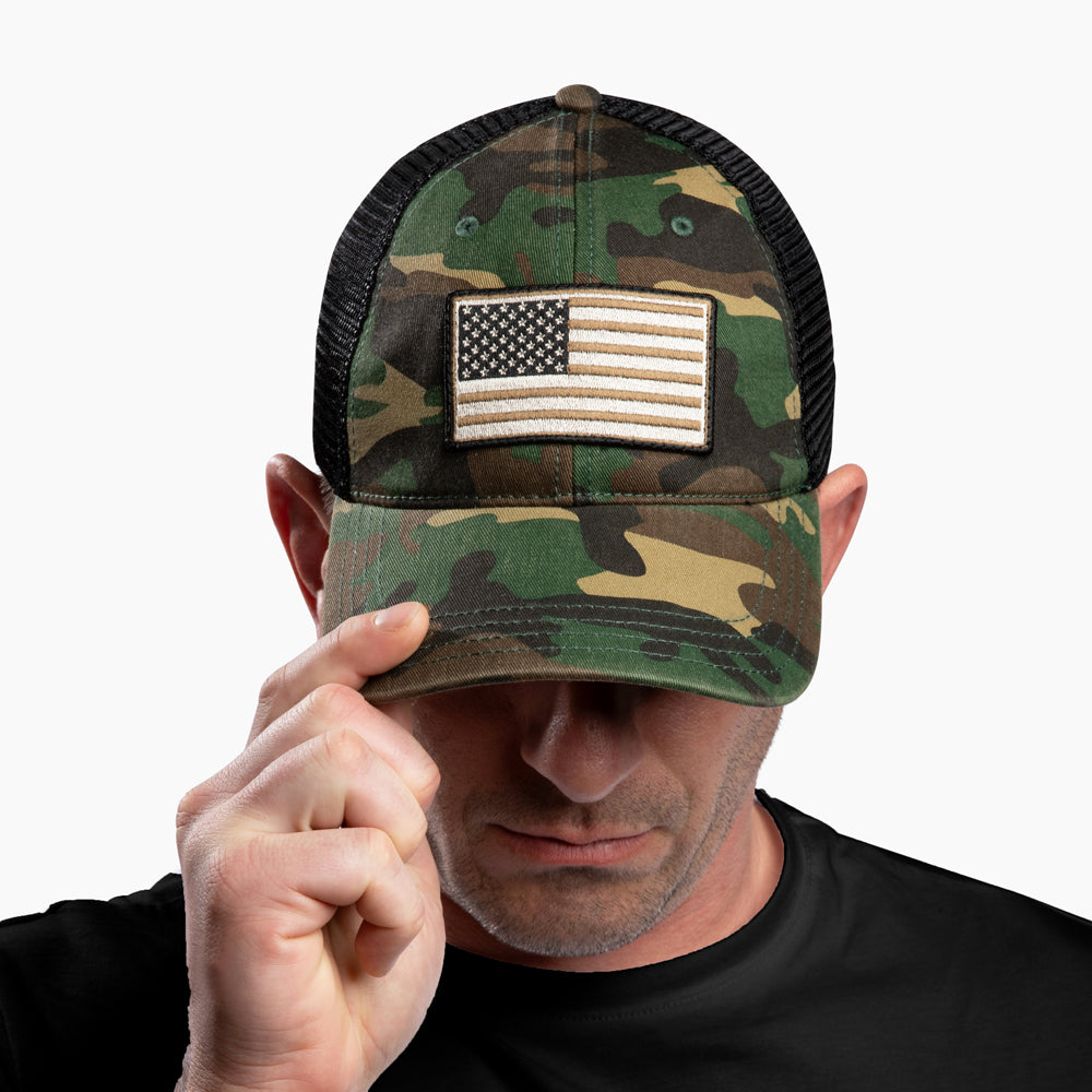 The Hero Company American Flag Hat - Camo - Helps Pair Veterans With A Service Dog or Shelter Dog