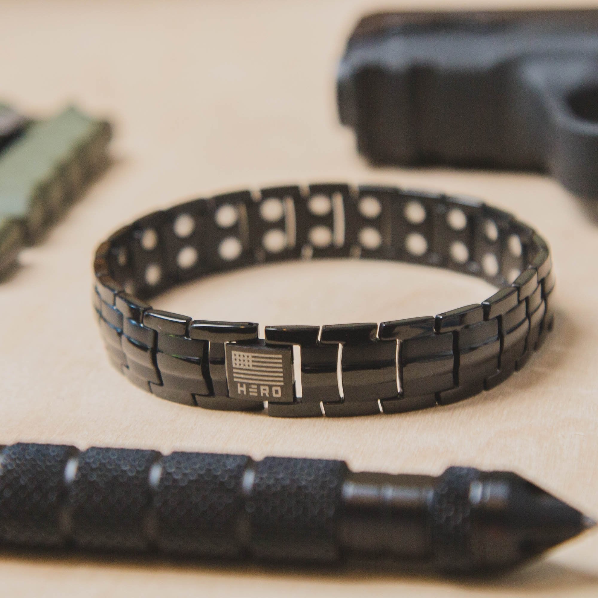 FREE Sherman Tank Track Titanium Magnetic Bracelet with Purchase of Hero Company American Flag Dogs & Freedom Black Tee