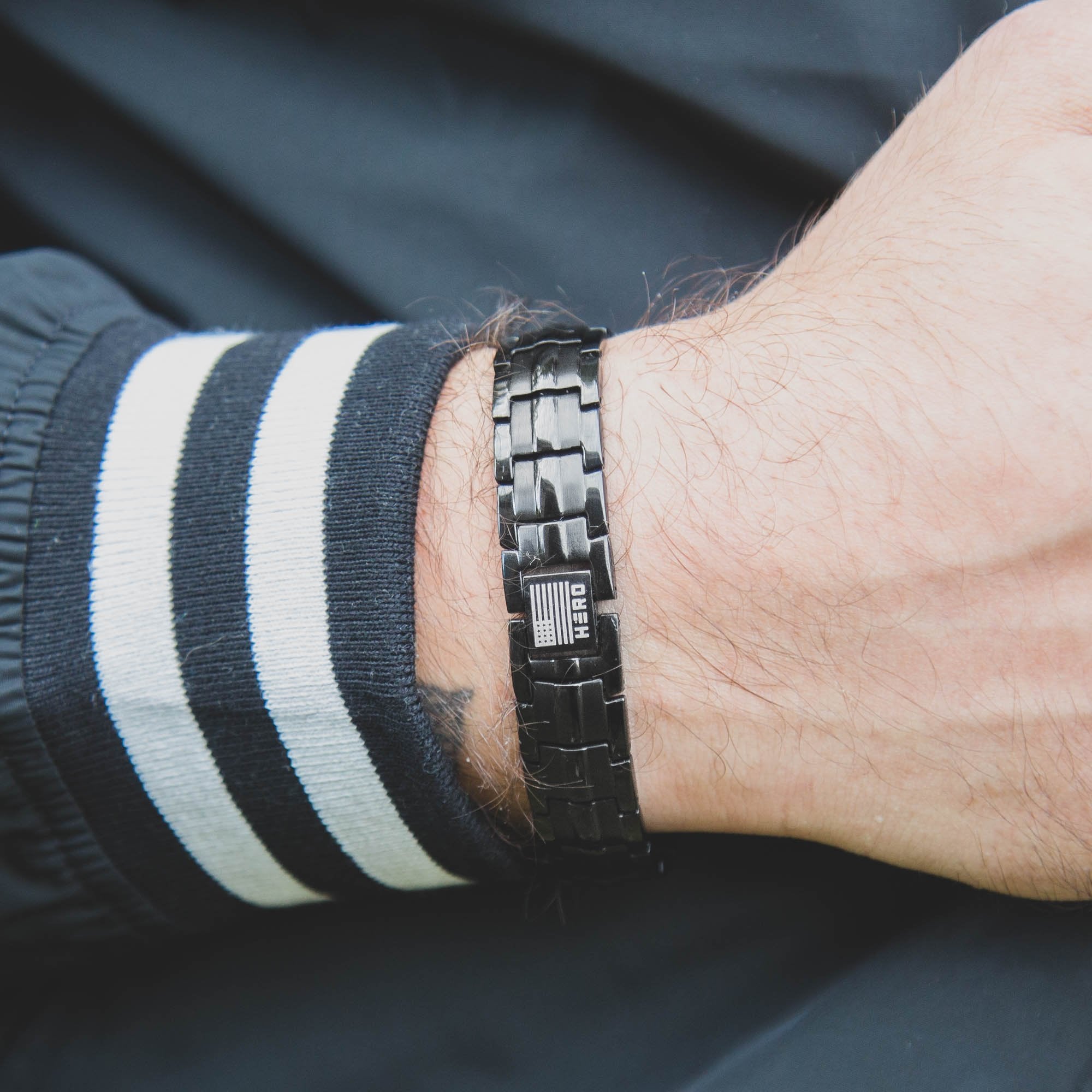 FREE Sherman Tank Track Titanium Magnetic Bracelet with Purchase of Hero Company American Flag Dogs & Freedom Black Tee