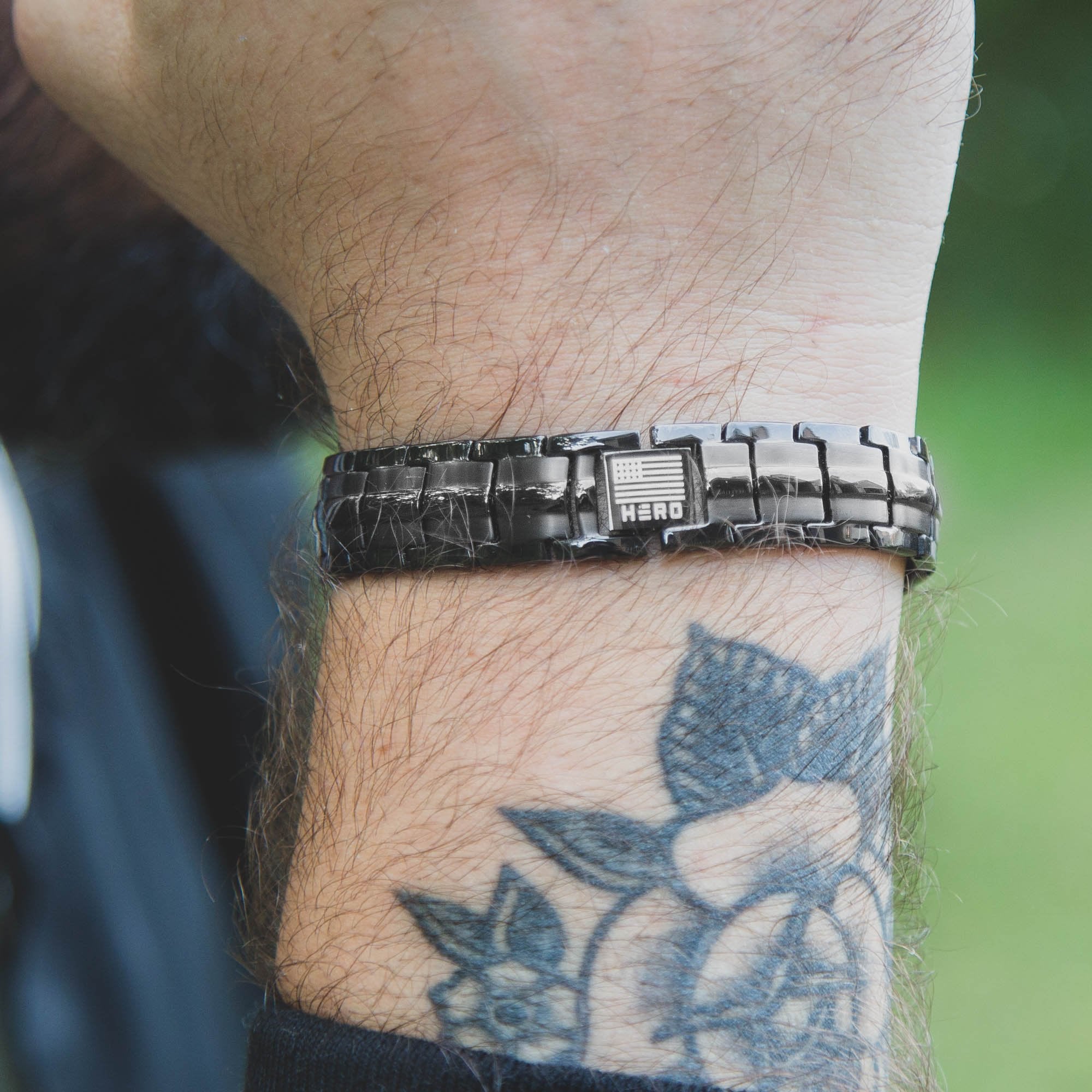FREE Sherman Tank Track Titanium Magnetic Bracelet with Purchase of Hero Company American Flag Dogs & Freedom Black Tee