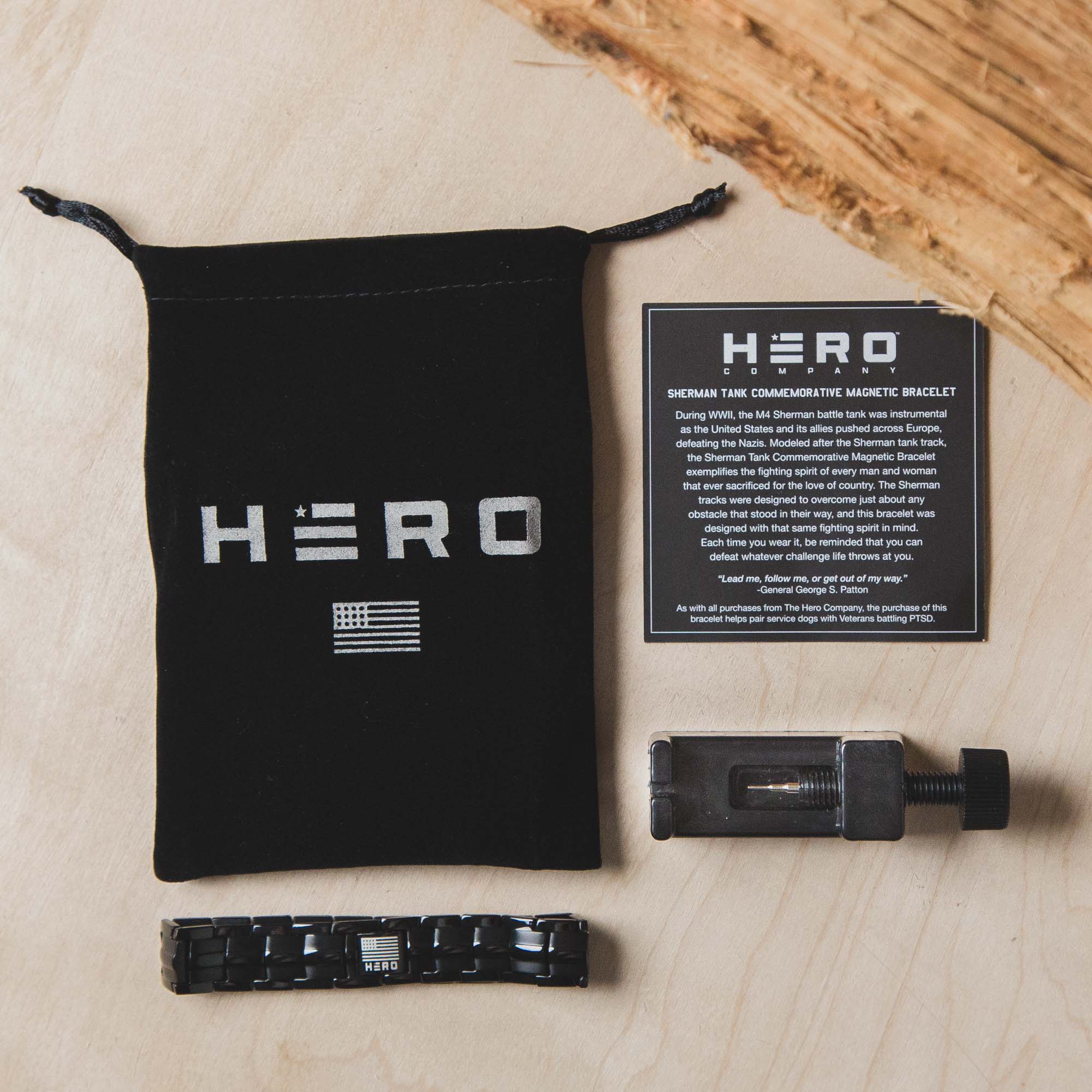 FREE Sherman Tank Track Titanium Magnetic Bracelet with Purchase of Hero Company American Flag Dogs & Freedom Black Tee