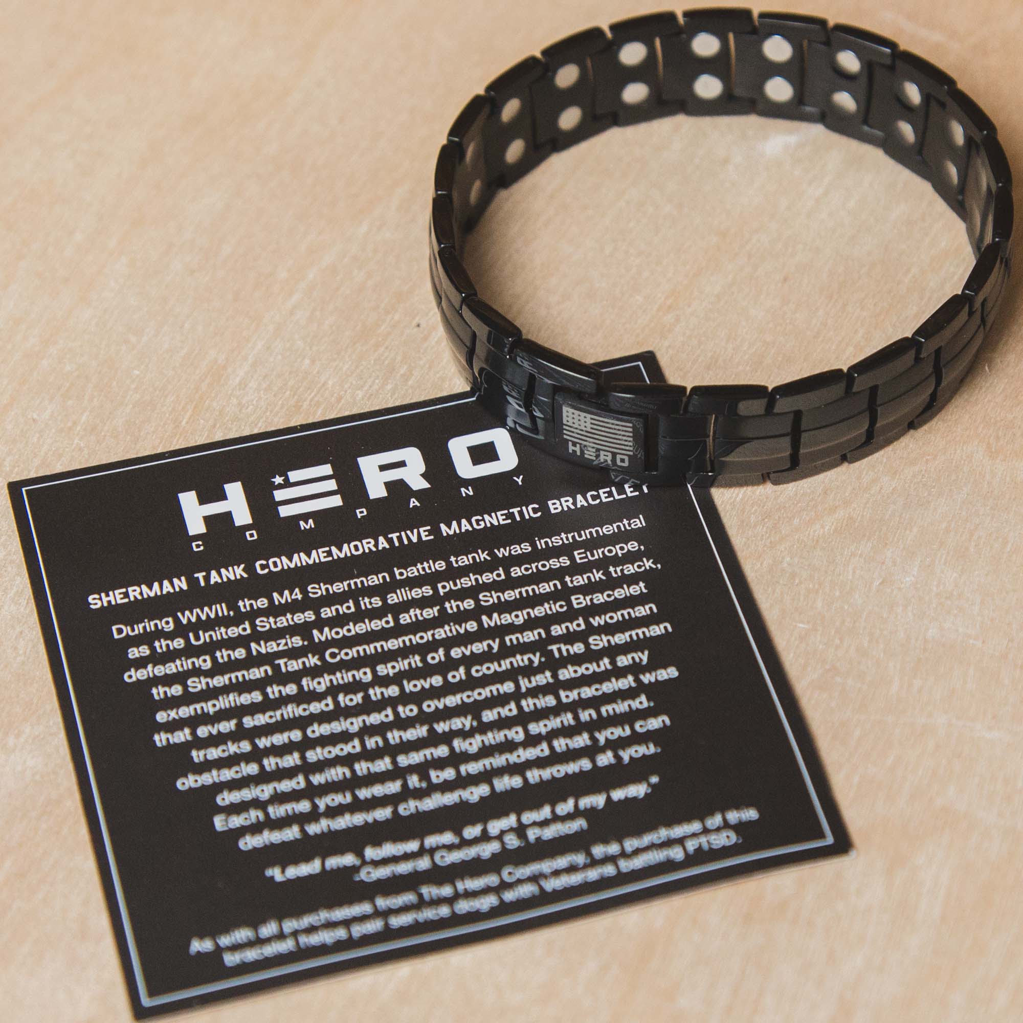 FREE Sherman Tank Track Titanium Magnetic Bracelet with Purchase of Hero Company American Flag Dogs & Freedom Black Tee