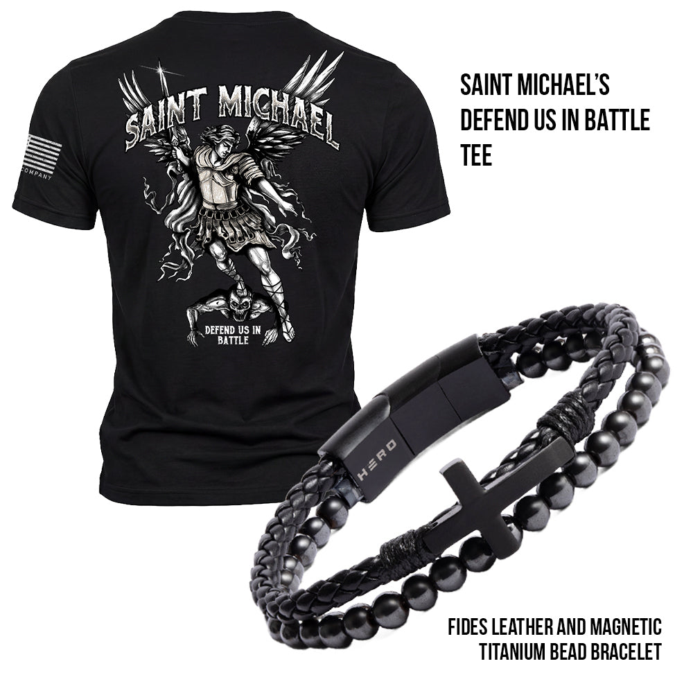 BUY Hero Company Saint Michael's Defend Us in Battle Tee and Get Fides Leather and Magnetic Titanium Bead Bracelet at 50% Off