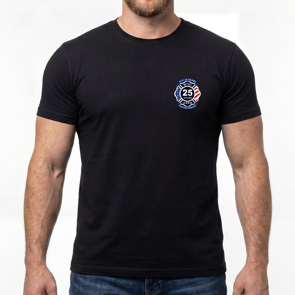 9-11 25 Years Never Forgotten Fire Black Tee