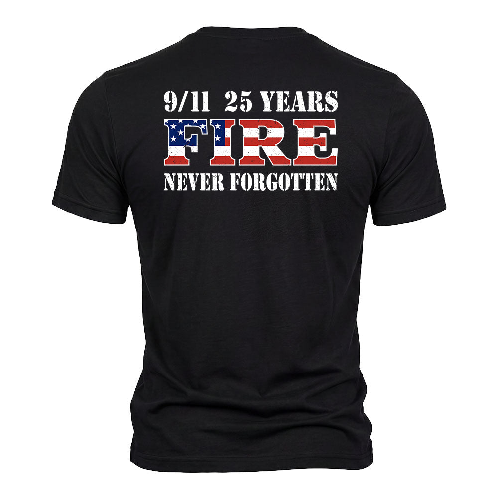 9-11 25 Years Never Forgotten Fire Black Tee