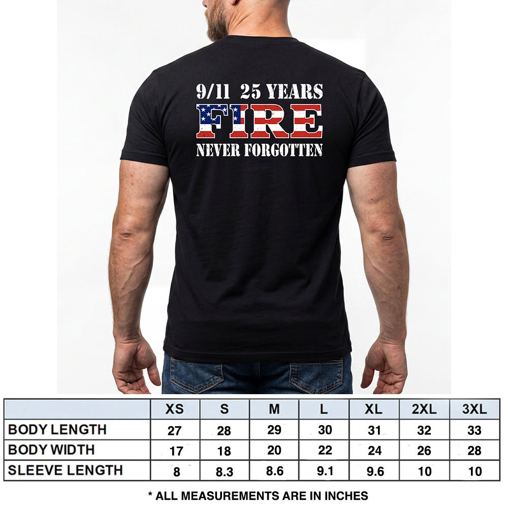 9-11 25 Years Never Forgotten Fire Black Tee