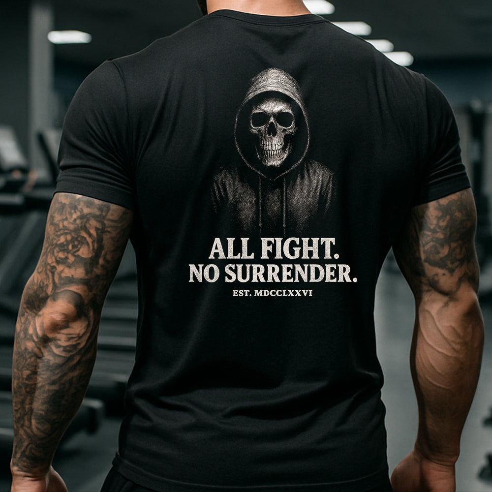 Hero Company Men&#39;s All Fight No Surrender Skull Black Tee - Helps Pair Veterans With A Service Dog or Shelter Dog