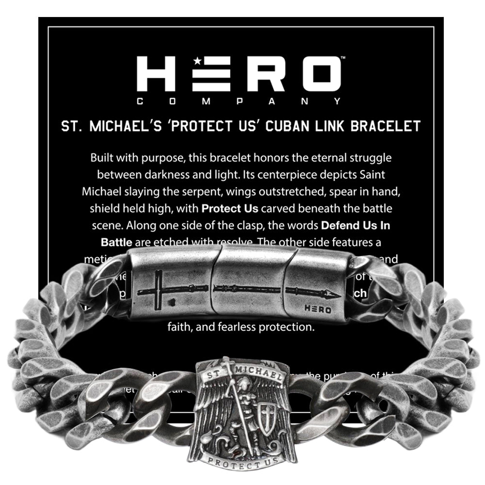 FREE St. Michael's 'Protect Us' Cuban Link Bracelet with Purchase of Saint Michael Defend Us In Battle Tee - Helps Pair Veterans With A Service Dog or Shelter Dog