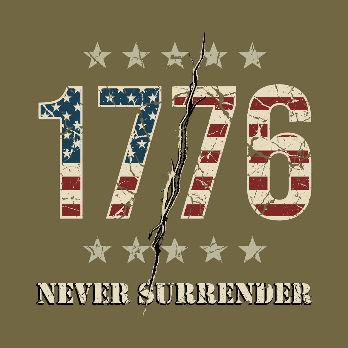 Hero Company Men's 1776 Never Surrender Military Green Tee - Helps Pair Veterans With A Service Dog or Shelter Dog