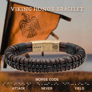 Special Offer!  Viking Honor 'Attack, Never Yield' Morse Code Leather Bracelet: Helps Pair Veterans With A Service Dog Or Shelter Dog