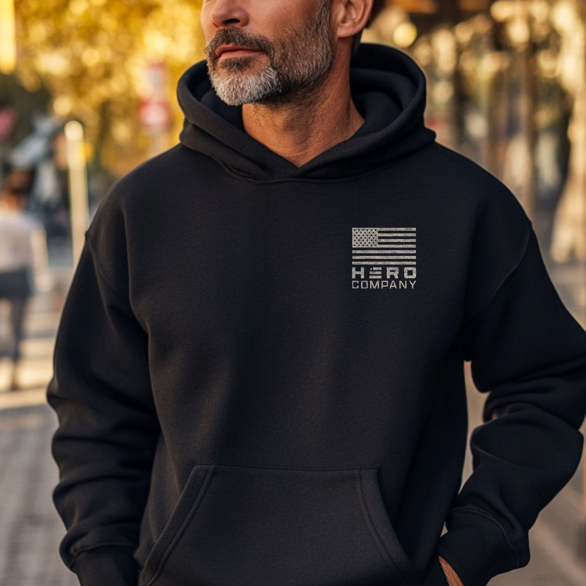 Hero Company Men's Dogs. Football. Freedom. Black Premium Hoodie - Helps Pair Veterans With A Service Dog or Shelter Dog
