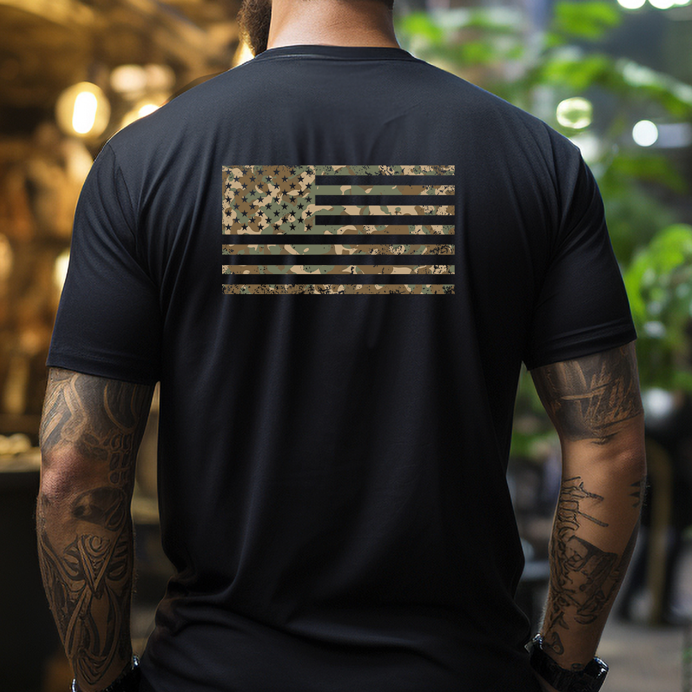 Hero Company Men's Camo American Flag Black Tee - Helps Pair Veterans With A Service Dog or Shelter Dog