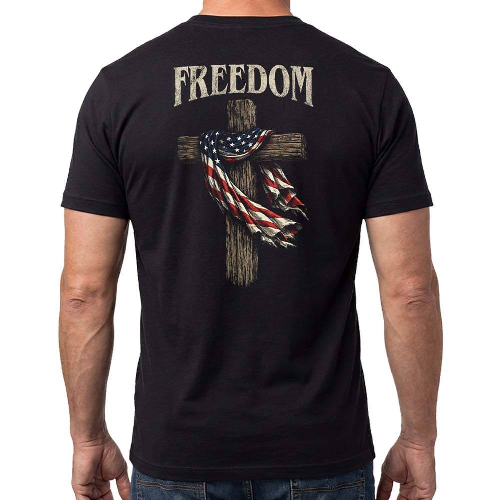 Hero Company Men's Freedom Cross Flag Black Tee - Helps Pair Veterans With A Service Dog or Shelter Dog