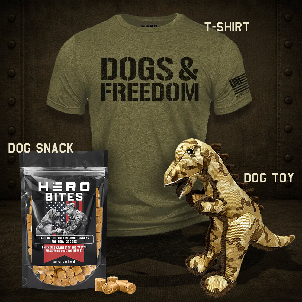 Super Deal! Dogs & Freedom Tee, T-WREX Camo Dog Toy and Hero Bites Set