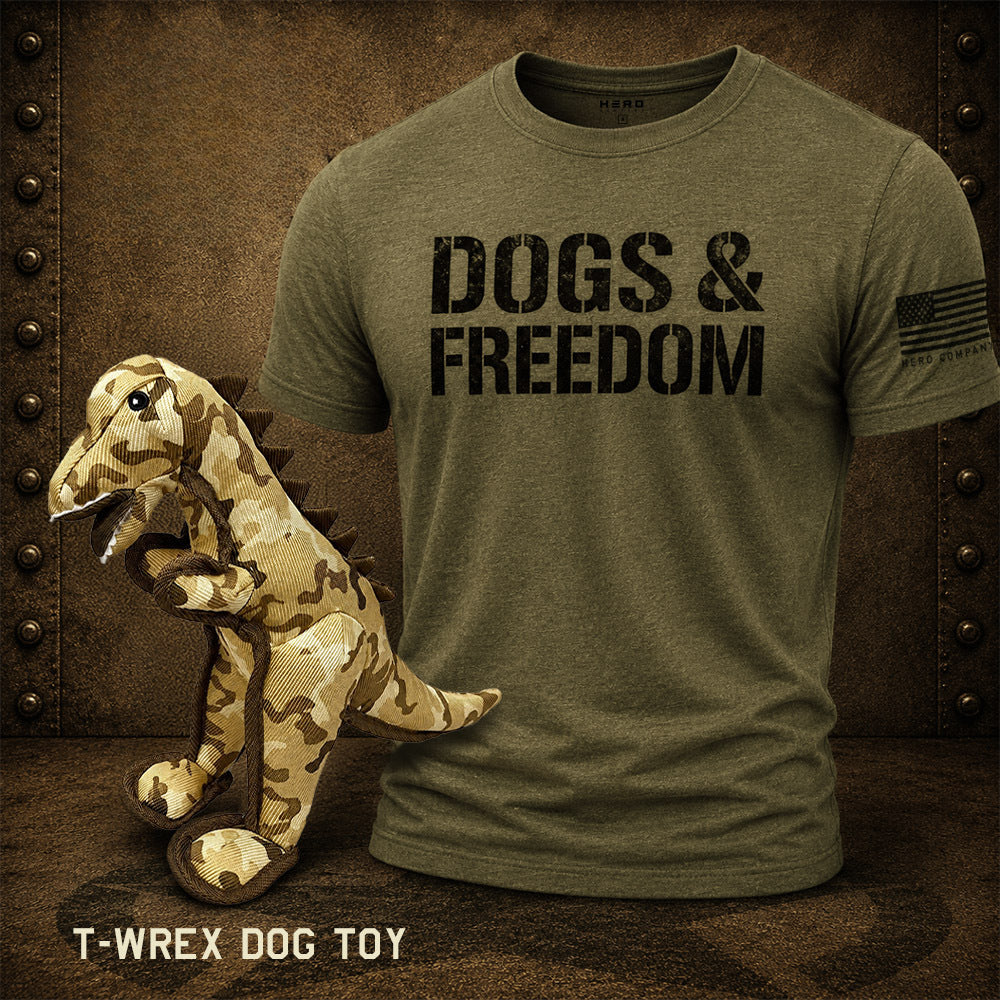 Father’s Day Gift for Dad &amp; His Dog- Dogs &amp; Freedom Tee &amp; T-WREX Camo Dog Toy Set