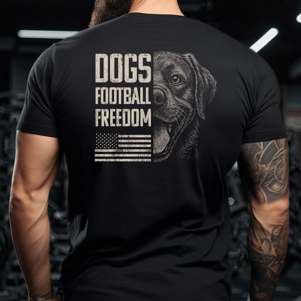 Hero Company Men&#39;s Dogs Football Freedom Black Tee - Helps Pair Veterans With A Service Dog or Shelter Dog
