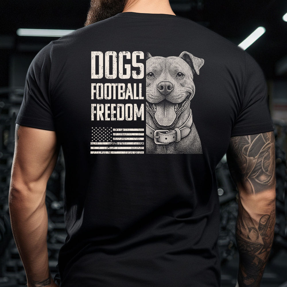 Hero Company Men's Dogs Football Freedom Pit Bull Black Tee - Helps Pair Veterans With A Service Dog or Shelter Dog