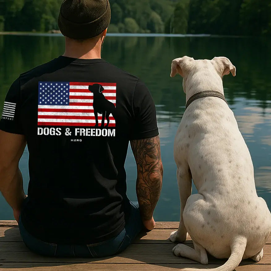 Hero Company American Flag Dogs &amp; Freedom Black Tee: Helps Pair Veterans With A Service Dog or Shelter Dog