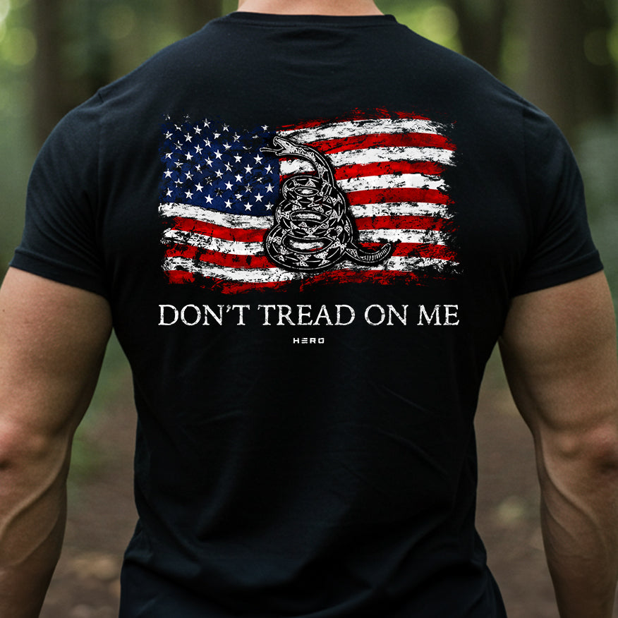 Hero Company Men's Don't Tread On Me Flag Black Tee - Helps Pair Veterans With A Service Dog or Shelter Dog