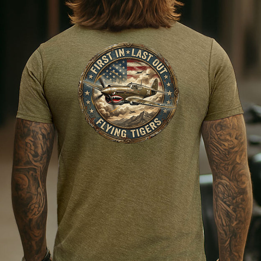 Hero Company Men's First In First Out Flying Tigers Military Green Tee - Helps Pair Veterans With A Service Dog or Shelter Dog