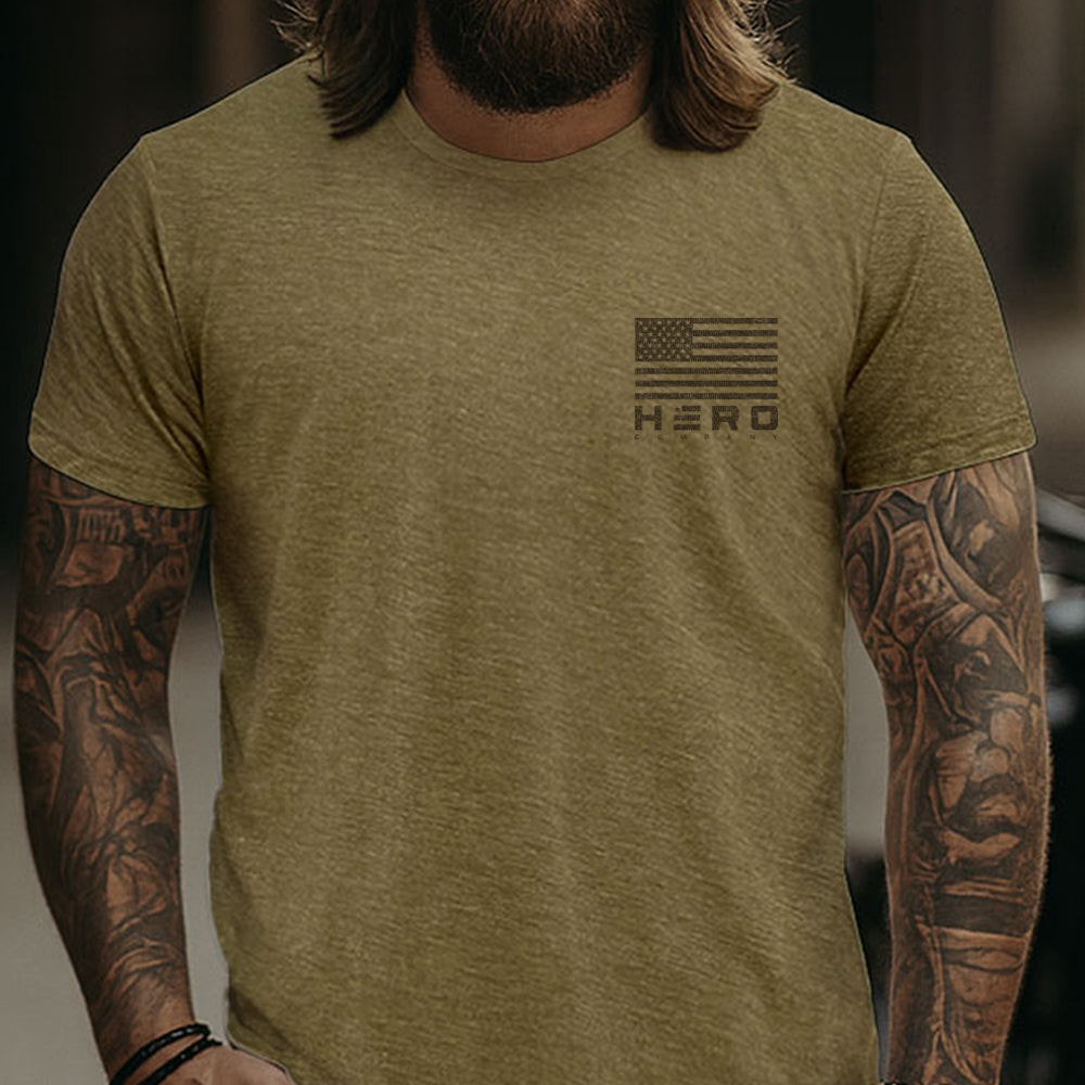 Hero Company Men's First In First Out Flying Tigers Military Green Tee - Helps Pair Veterans With A Service Dog or Shelter Dog