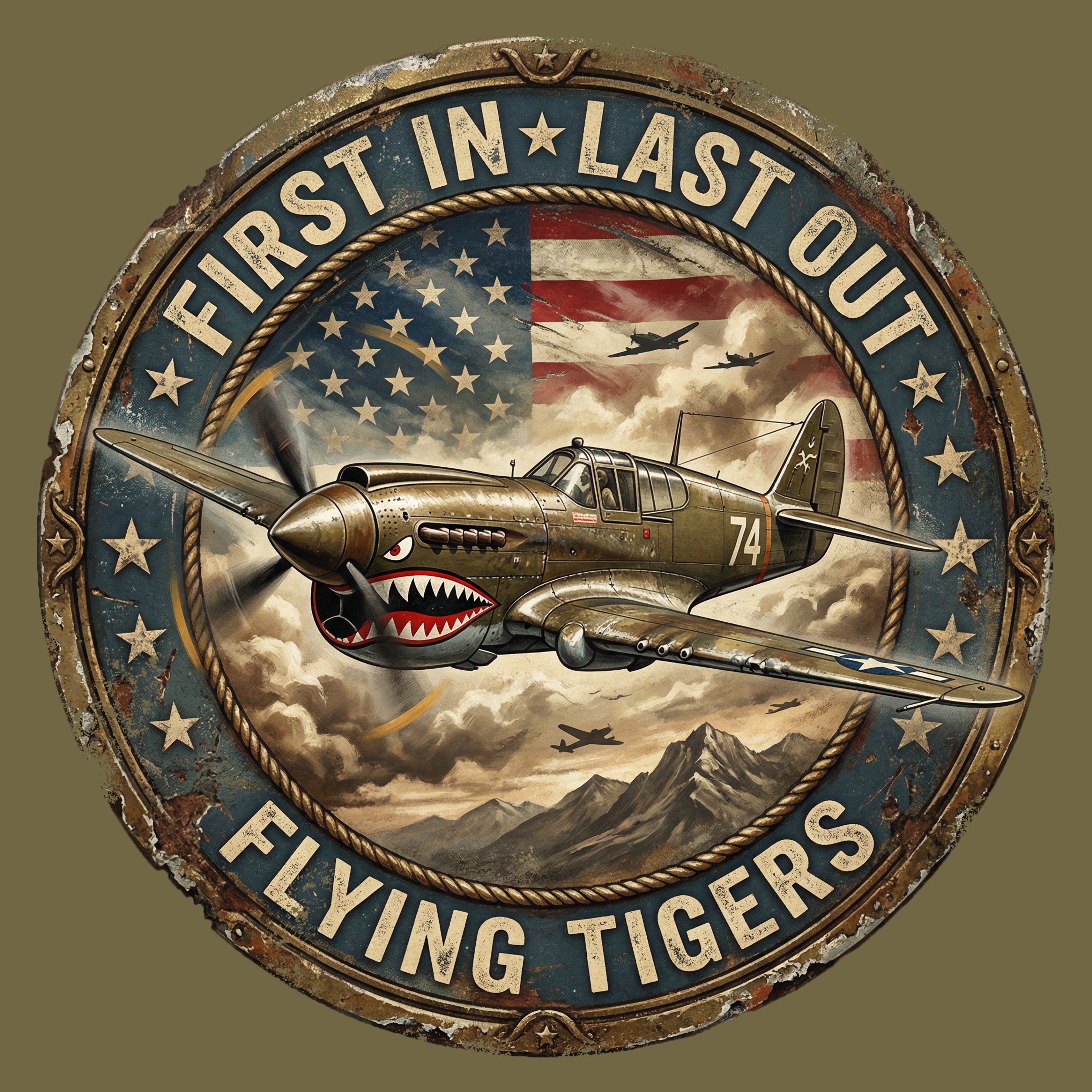 Hero Company Men's First In First Out Flying Tigers Military Green Tee - Helps Pair Veterans With A Service Dog or Shelter Dog