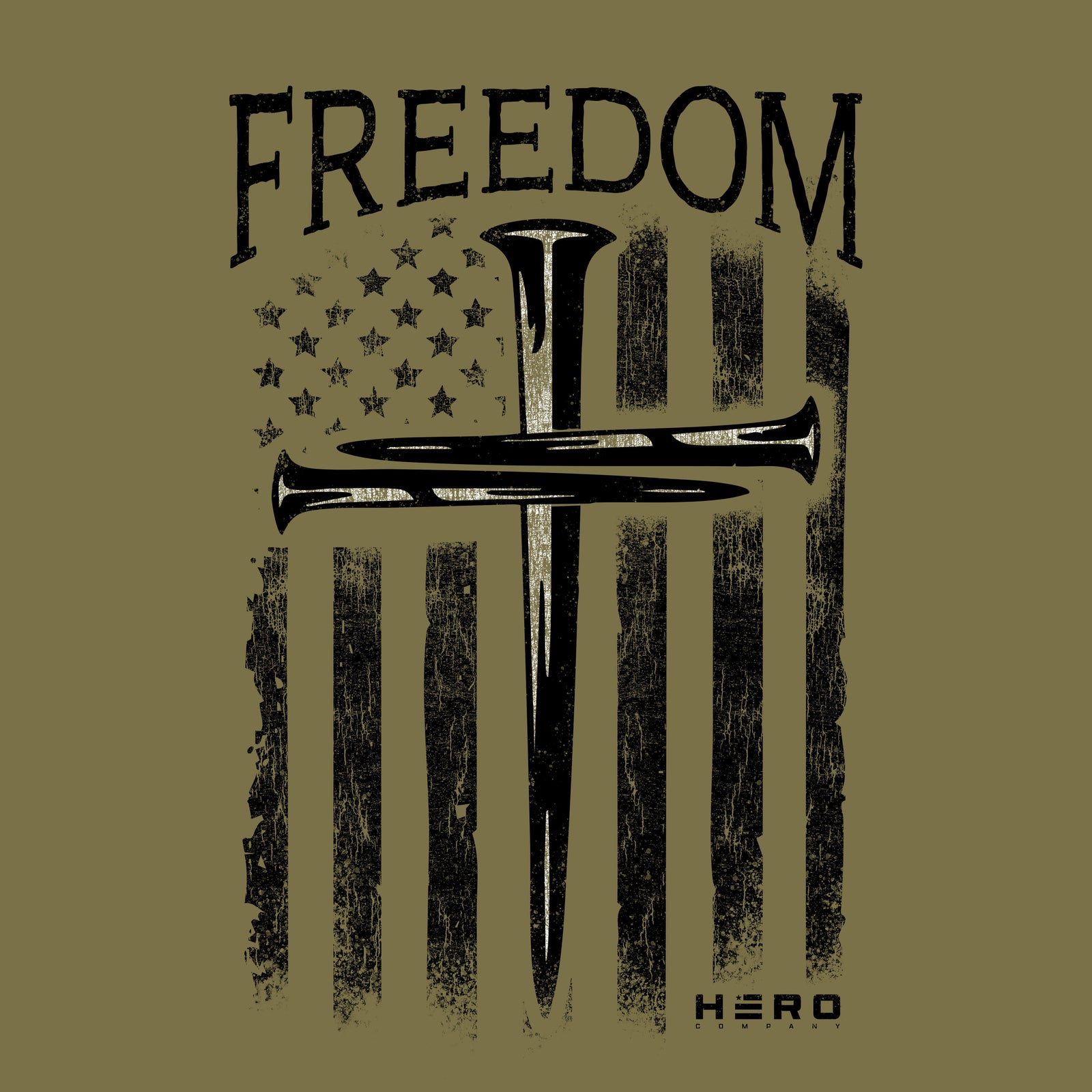 Hero Company Men's Freedom Cross Military Green Tee - Helps Pair Veterans With A Service Dog or Shelter Dog