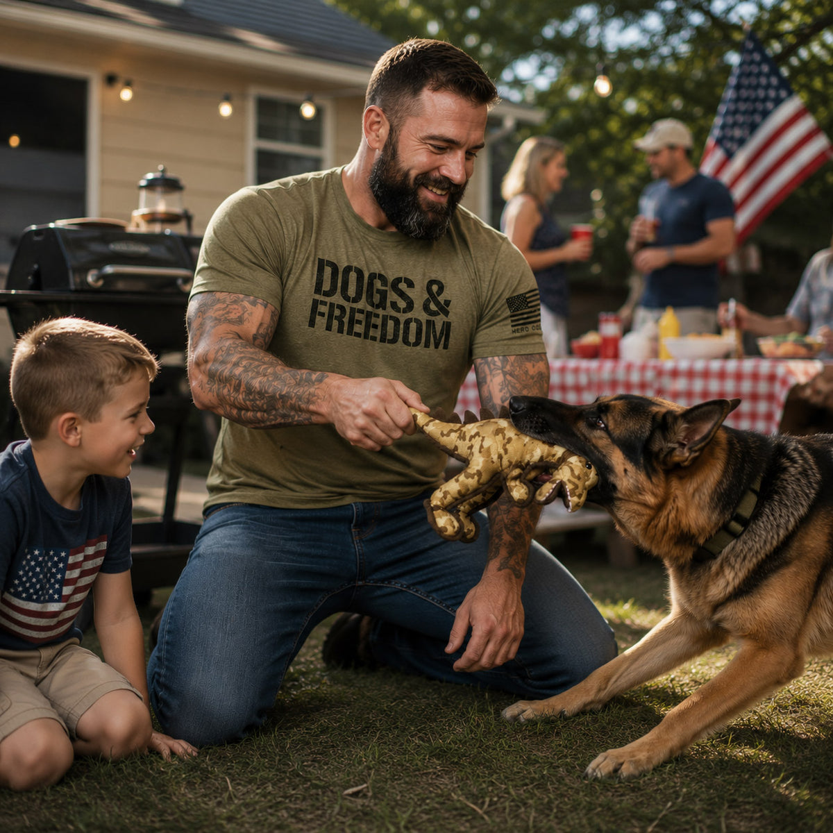 Father’s Day Gift for Dad &amp; His Dog- Dogs &amp; Freedom Tee &amp; T-WREX Camo Dog Toy Set