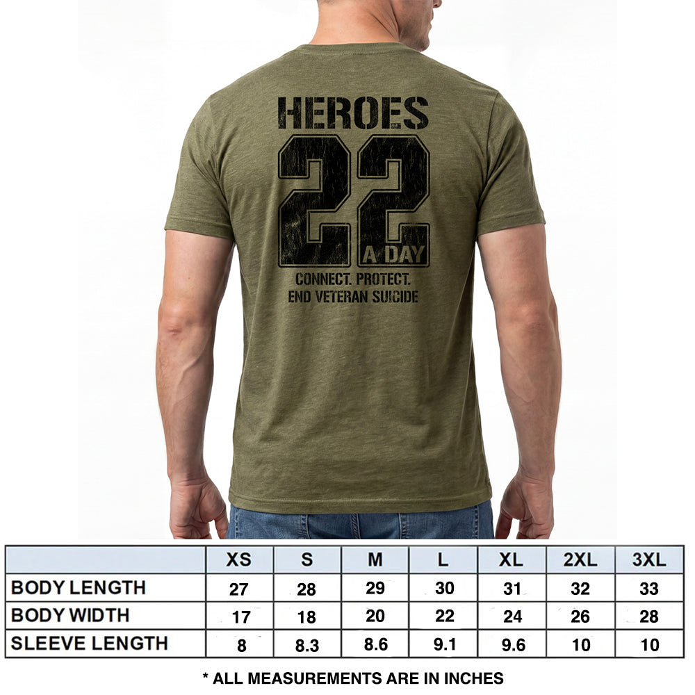 Heroes. 22 A Day. Connect Protect Military Green Tee