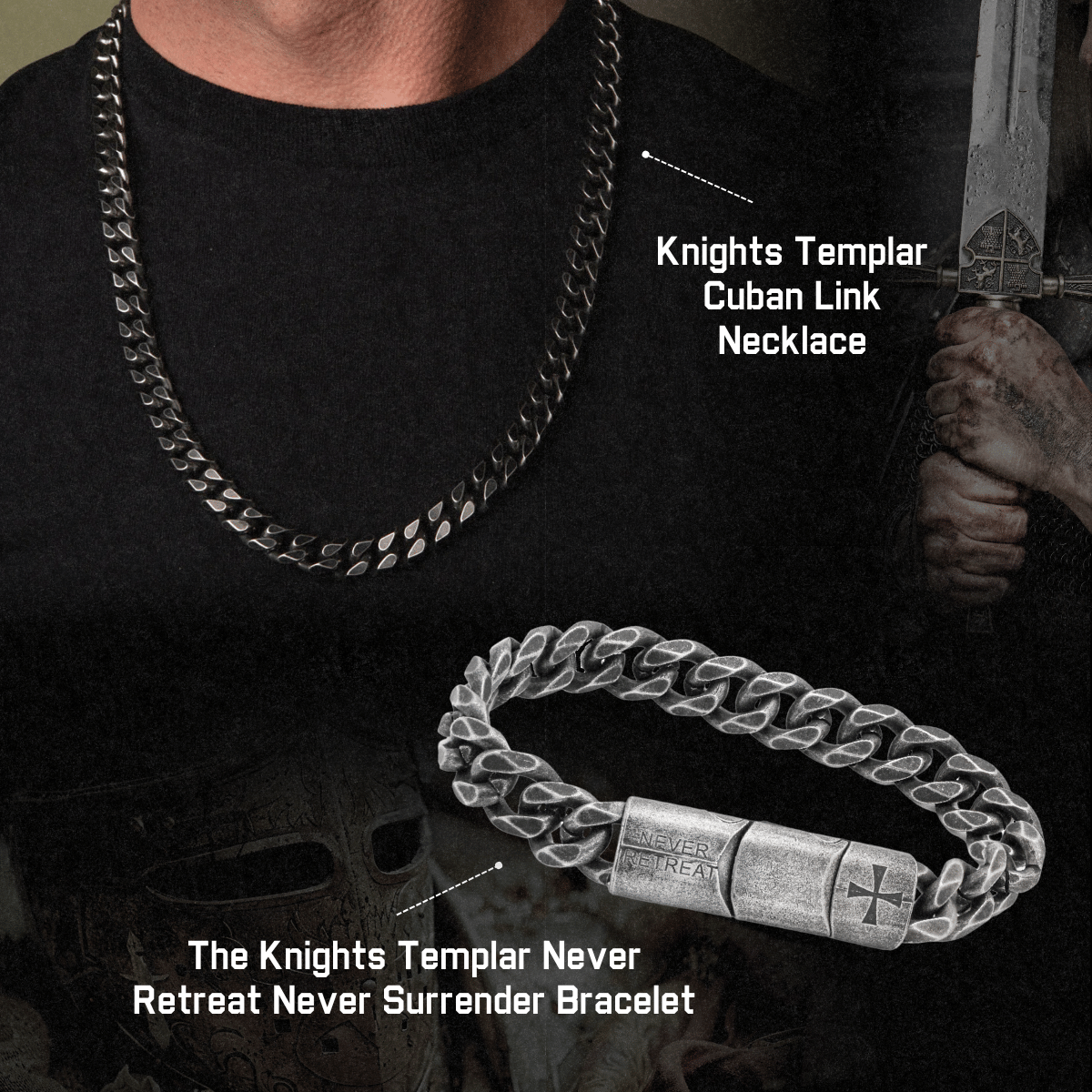Limited Time Offer- Knights Templar Cuban Link Necklace &amp; Bracelet Set : Helps Pair Veterans With A Service Dog Or Shelter Dog