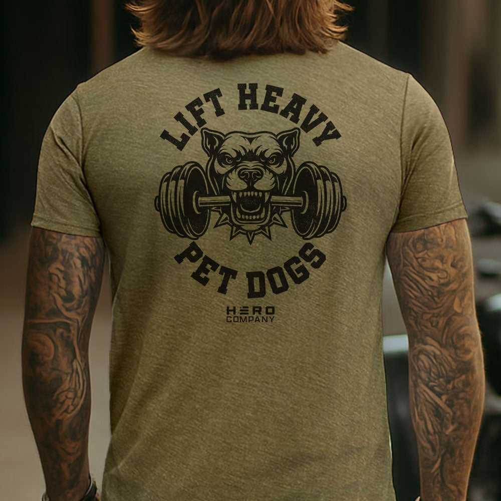Hero Company Men&#39;s Lift Heavy Pet Dogs Pit Military Green Tee - Helps Pair Veterans With A Service Dog or Shelter Dog