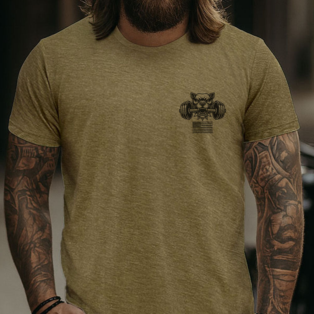 Hero Company Men&#39;s Lift Heavy Pet Dogs Pit Military Green Tee - Helps Pair Veterans With A Service Dog or Shelter Dog