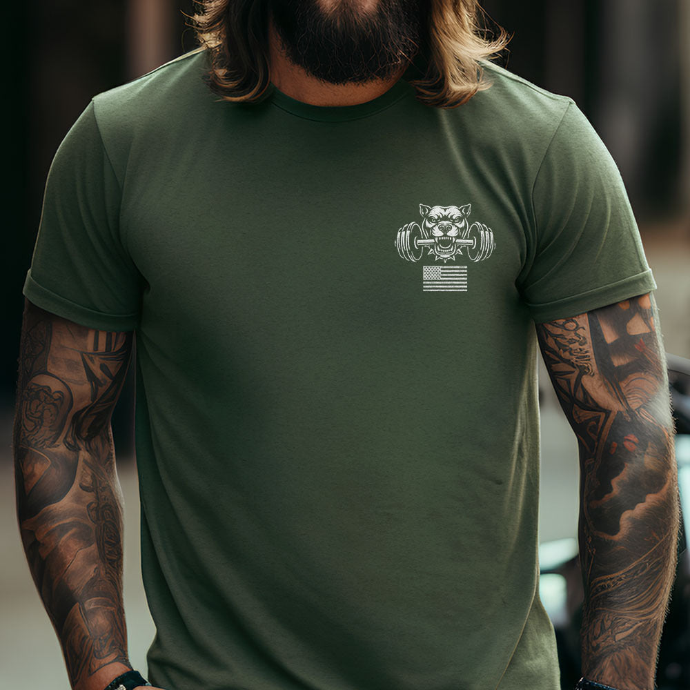 Hero Company Men's Lift Heavy Pet Dogs Pit Military Green Tee - Helps Pair Veterans With A Service Dog or Shelter Dog
