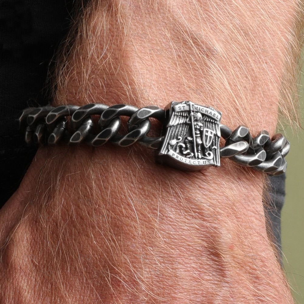 FREE St. Michael's 'Protect Us' Cuban Link Bracelet with Purchase of Saint Michael Defend Us In Battle Tee - Helps Pair Veterans With A Service Dog or Shelter Dog