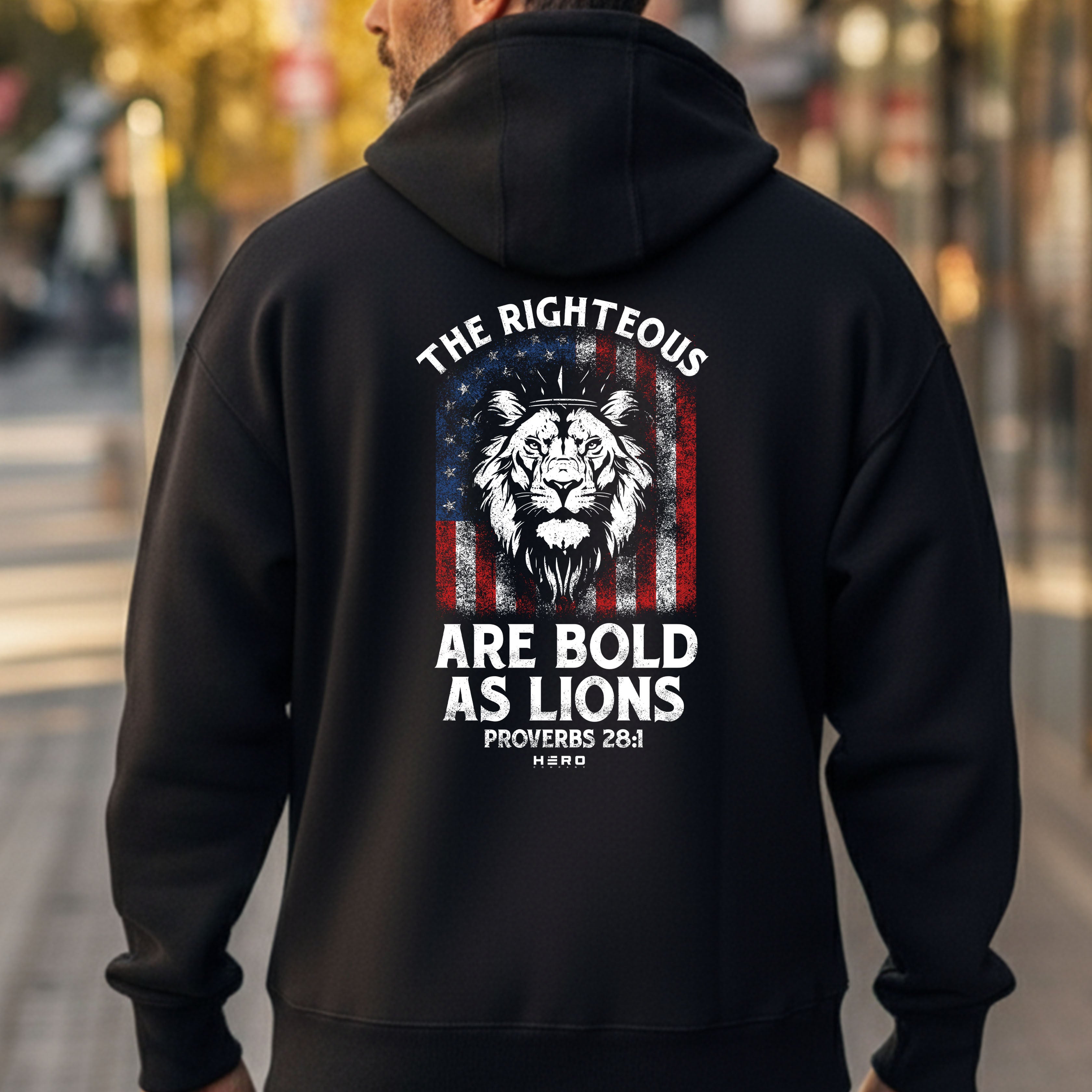 Hero Company Men's The Righteous Are Bold As Lions Black Premium Hoodie - Helps Pair Veterans With A Service Dog or Shelter Dog