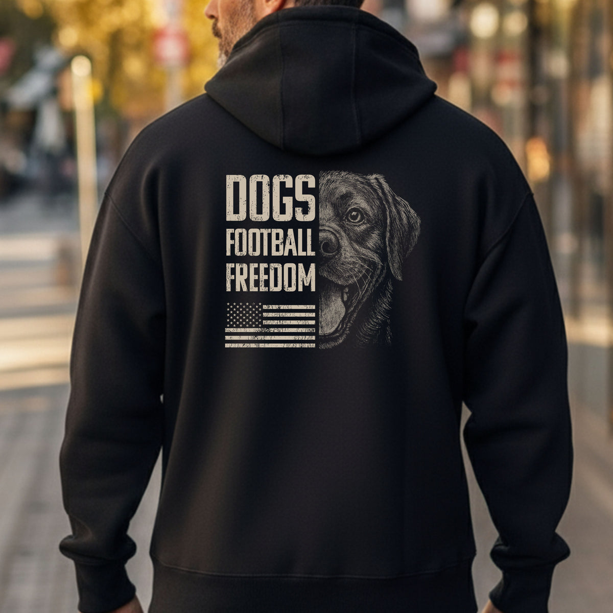 Hero Company Men&#39;s Dogs. Football. Freedom. Black Premium Hoodie - Helps Pair Veterans With A Service Dog or Shelter Dog
