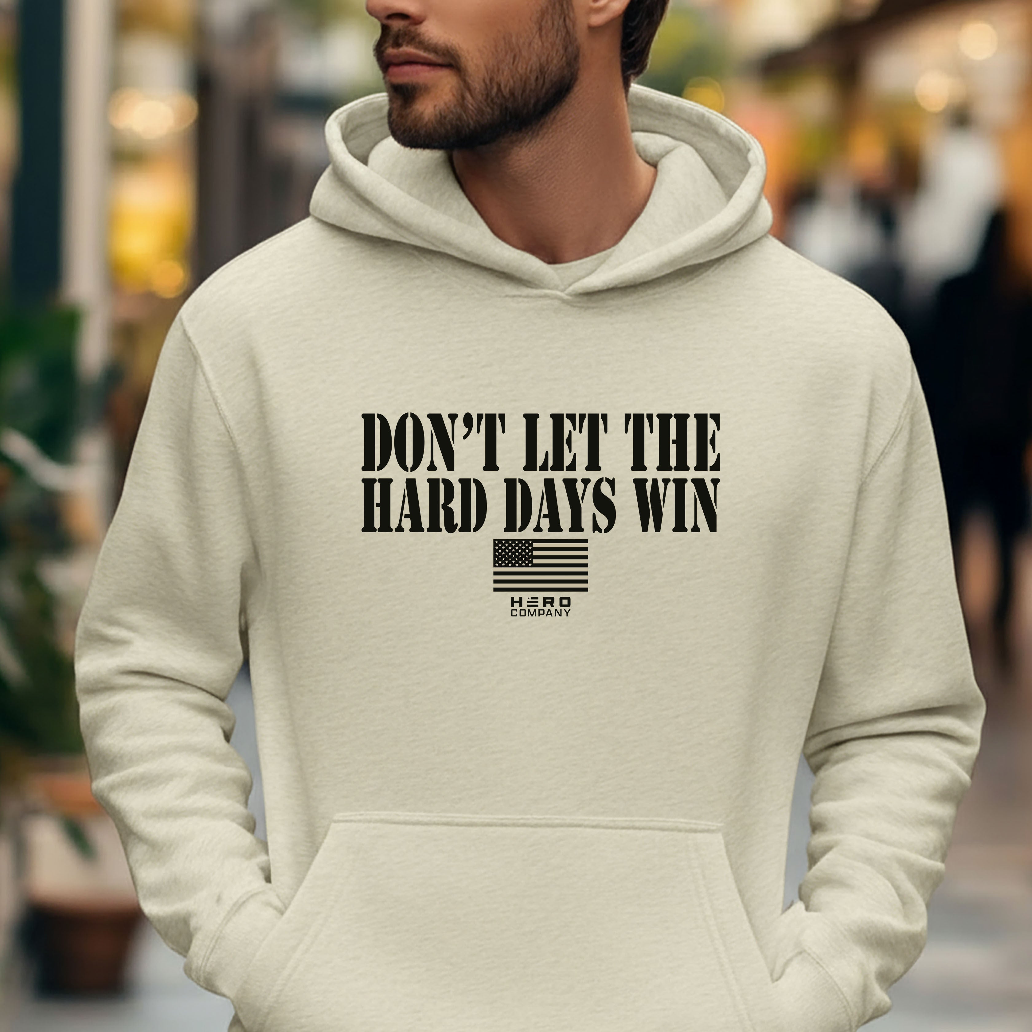 Hero Company Men's Don't Let The Hard Days Win Oatmeal Heather Premium Hoodie - Helps Pair Veterans With A Service Dog or Shelter Dog